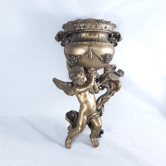 Vintage Angel Cherub Wall Planter Pocket Gold Color Hollywood Regency